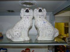 A pair of Staffordshire Mantle Spaniels, white ground with pink and gold lustre flecks and padlocks,