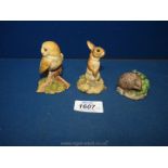 Three Border Fine Arts society pieces: Owl, Hedgehog and Rabbit.