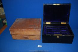 A quality black Leather Jewellery Box with blue velvet lining and jewellery tray, by Hill & Millard,