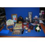 A box of miscellanea to include; a wooden letter rack,a wooden duck, a china picture,