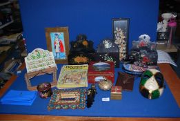 A box of miscellanea to include; a wooden letter rack,a wooden duck, a china picture,