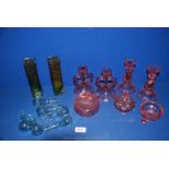 A quantity of glass including pink part dressing table set,