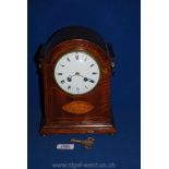 A French Walnut chiming mantle Clock with marquetry shell detail to front, 10'' tall,