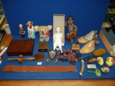 A quantity of miscellanea including vintage dolls, shoe stretchers, Koala bear etc.