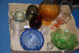 A large quantity of miscellaneous coloured glass including trifle dishes, vases, jug,