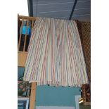 A pair of good quality curtains with coloured velvet stripes on a beige ground.