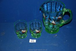 A Victorian green glass hand painted flying ducks water jug and two tumblers.
