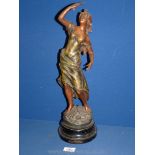 A French Spelter classical lady figure on plinth marked "Premier Miroir", 19" tall.