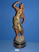 A French Spelter classical lady figure on plinth marked "Premier Miroir", 19" tall.