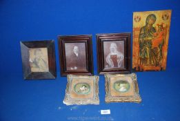 Five small portraits, four being modern and an old portrait in an old wooden frame of a gentleman,