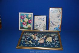 Four miscellaneous pictures of wool-work including flying ducks, flowers, an oriental scene, etc.