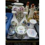 A Portmeirion 'Botanical Garden' vase (8 1/2" tall) and a lidded sugar bowl, Coalport bud vases,