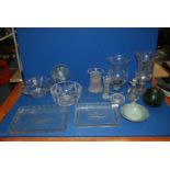 A footed Stuart glass bowl, trays, vases, hurricane lamp, glass fishing floats, candle holder etc.