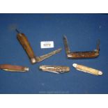 Five Antler and wooden handled Pocket Knives
