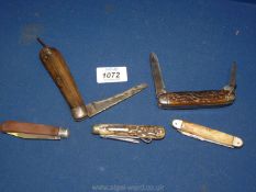 Five Antler and wooden handled Pocket Knives
