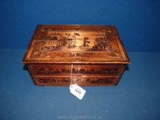 A Napoleonic prisoner of war straw Workbox, the lid depicts a ship leaving the harbour,
