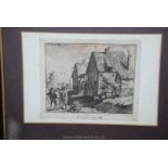 An etching of four peasants conversing to the right, two cottages and a church in the distance.