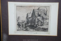 An etching of four peasants conversing to the right, two cottages and a church in the distance.
