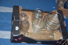 A quantity of glassware including fruit bowl with plated rim, cut glass biscuit barrel,