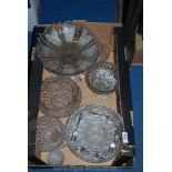 A quantity of miscellaneous glass including rose bowl, bon bon dishes, a stemmed cake stand etc.