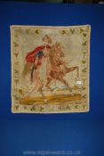 A wall hanging Tapestry depicting a soldier on horseback, worked by "Emma Jane Tromans 1863",