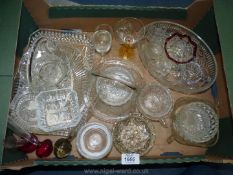 A quantity of pressed glass including dressing table trays, basket, pin dishes,