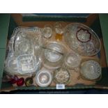 A quantity of pressed glass including dressing table trays, basket, pin dishes,