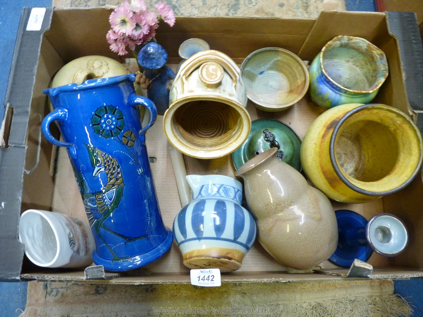 A quantity of Studio Pottery including salt pig, cheese dome, Royal Barum ware three handled vase,