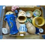 A quantity of Studio Pottery including salt pig, cheese dome, Royal Barum ware three handled vase,