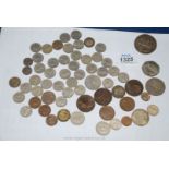 A quantity of old sixpences (40), 1935 Crown, 1877 Penny, etc.