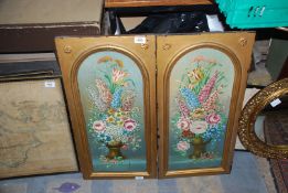Two wooden panels, hand decorated with flowers, tulips, buddleia, peonies etc.