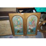 Two wooden panels, hand decorated with flowers, tulips, buddleia, peonies etc.