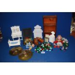 A quantity of children's items including dolls house furniture, puppets, clogs,