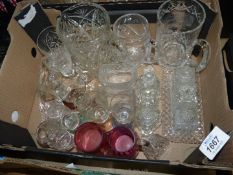 A quantity of small glass items including cut glass tankards, cruets, salts,