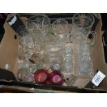 A quantity of small glass items including cut glass tankards, cruets, salts,