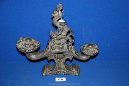 A Chinese bronze centrepiece with dragon detail. 12" wide x 12" tall.