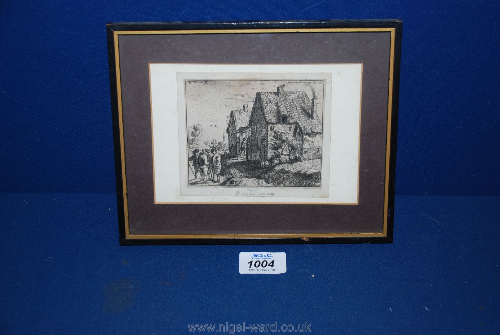 An etching of four peasants conversing to the right, two cottages and a church in the distance. - Image 2 of 3