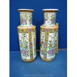 A pair of cylindrical Oriental Vases with floral decoration and panels with figures in garden,