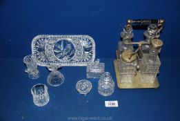 A small glass tray, small cut glass scent bottle, two small vases etc.