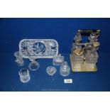 A small glass tray, small cut glass scent bottle, two small vases etc.
