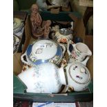 A quantity of china including teapot, vegetable dish, oval platter, figurines, creamer, vase etc.