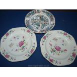 Three old plates including Wedgwood 'Ningpo' and two octagonal shaped plates with hand painted