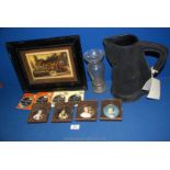 A quantity of miscellanea including leather pitcher, four boxed miniature prints,
