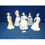Four Coalport figures and a Royal Doulton figure of the month 'December'.