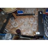 A quantity of glasses including wine, sherry, Stuart Crystal whisky tumblers, champagne, etc.
