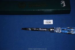A Galway Irish crystal paper Knife with cut glass handle and 'Moss - 50 years in Gloucestershire'
