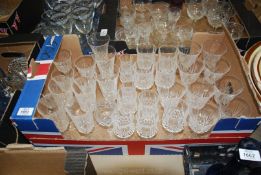 A box of miscellaneous glass including; cut glass Champagne flutes (some rims a/f), Sherry glasses,