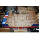 A box of miscellaneous glass including; cut glass Champagne flutes (some rims a/f), Sherry glasses,