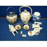 Two biscuit barrels, including Royal Tudorware, ginger jar, small "cottage rose" ornaments, etc.