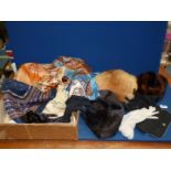 A quantity of vintage fur hats, Jacqmar scarf, evening gloves,